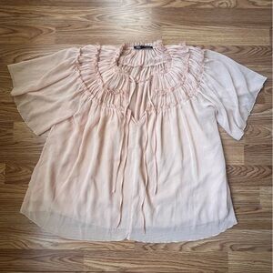 Zara Pink Ruched Frill Blouse Short Sleeve Tie Front women’s small